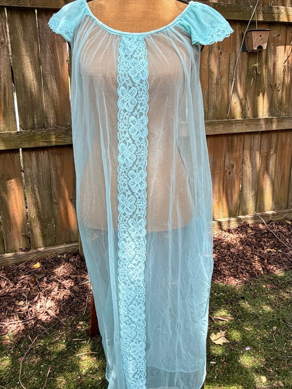 Vintage Sheet Aqua Blue Nylon Lace Hostess Gown